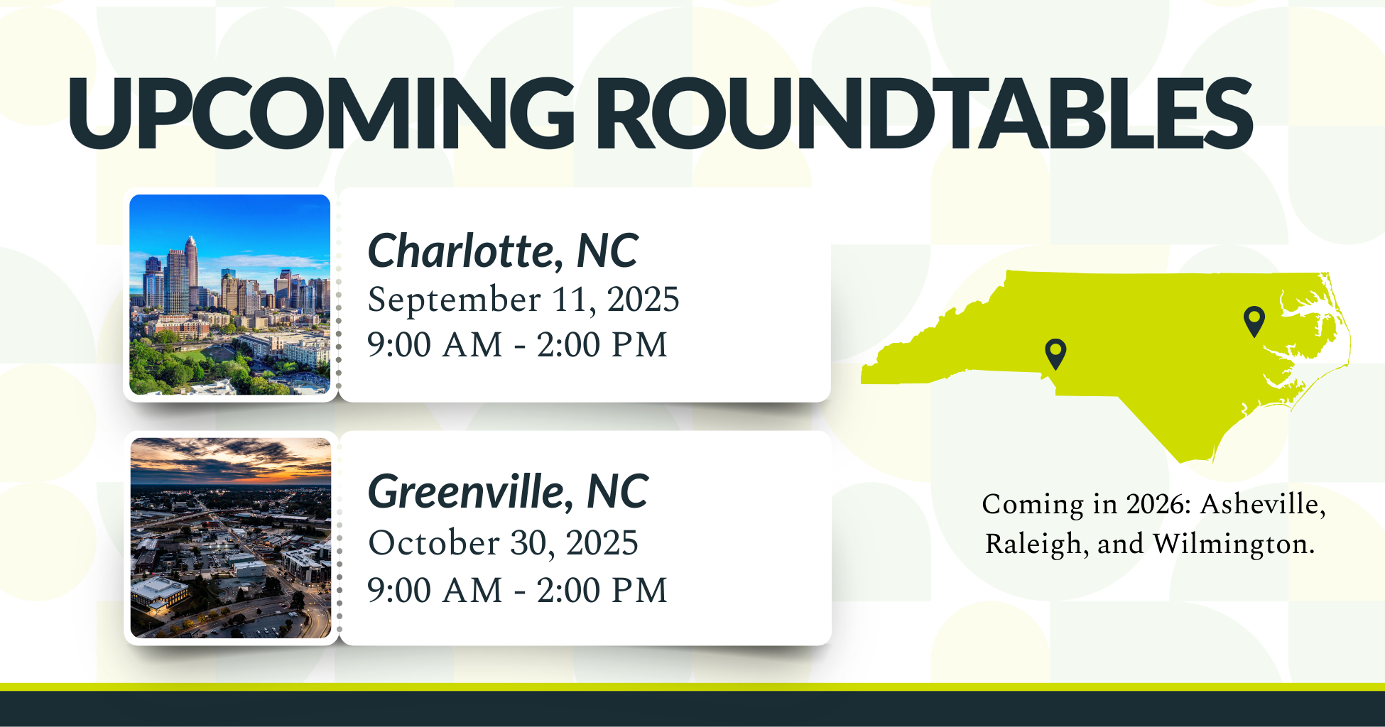 "Graphic titled 'Upcoming Roundtables' showing two events in North Carolina. First: Charlotte, NC on September 11, 2025, from 9:00 AM to 2:00 PM, with a city skyline photo. Second: Greenville, NC on October 30, 2025, from 9:00 AM to 2:00 PM, with an aerial sunset photo. A bright yellow map of North Carolina marks both locations and notes that Asheville, Raleigh, and Wilmington events are coming in 2026."