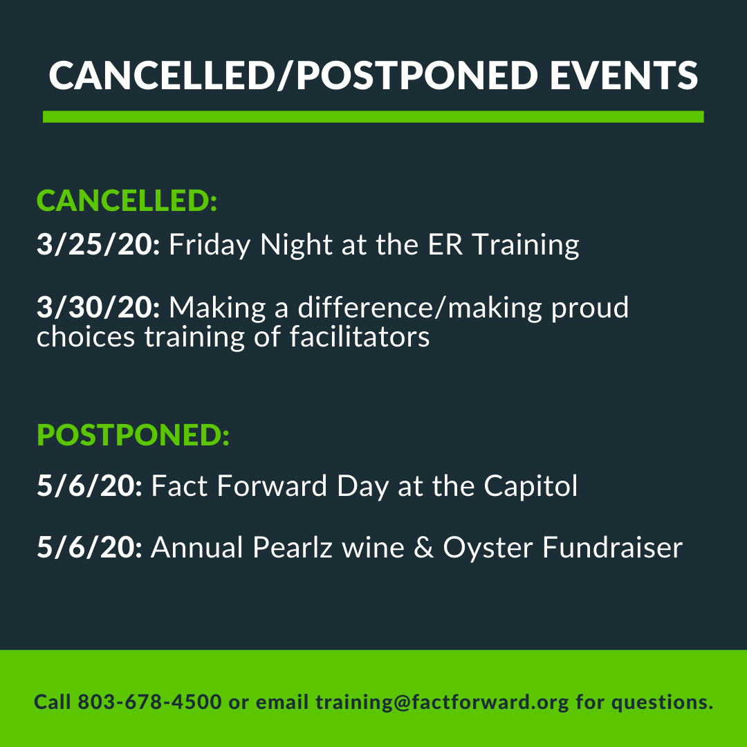 Friday Night at the ER (3/25/20)Cancelled and Making a Difference/Making Proud Choices training of facilitators (3/30/20) cancelled